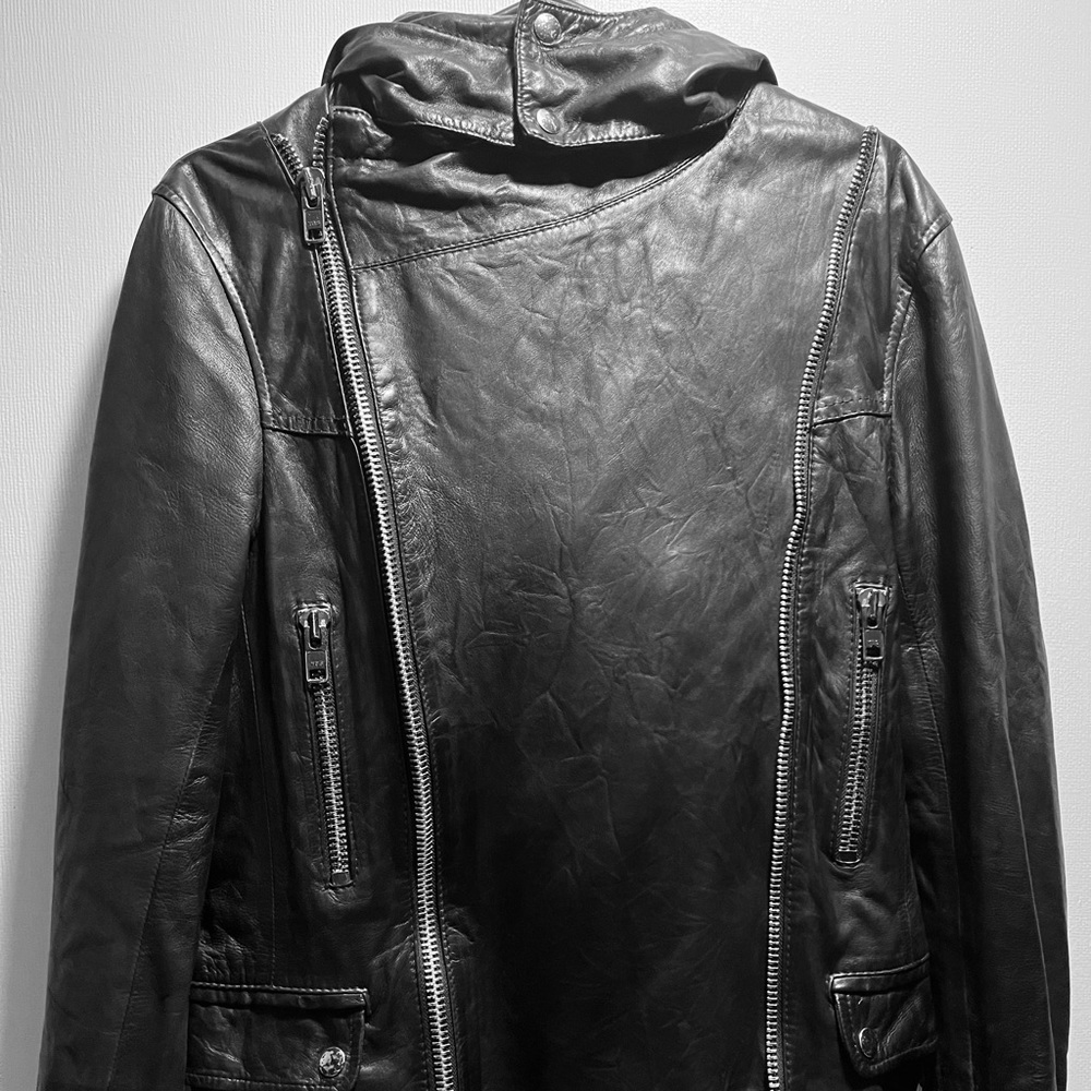 Allsaints Asymmetrical Rare Black Mace Hooded Leather Jacket sz Large Vintage